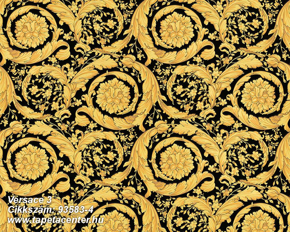 Barokk-klasszikus,különleges felületű,virágmintás,arany,fekete,súrolható,vlies tapéta 